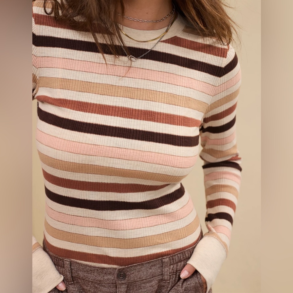 Aerie Striped Waffle Long Sleeve Top | Size XL | Neutral Cozy Ribbed Tee